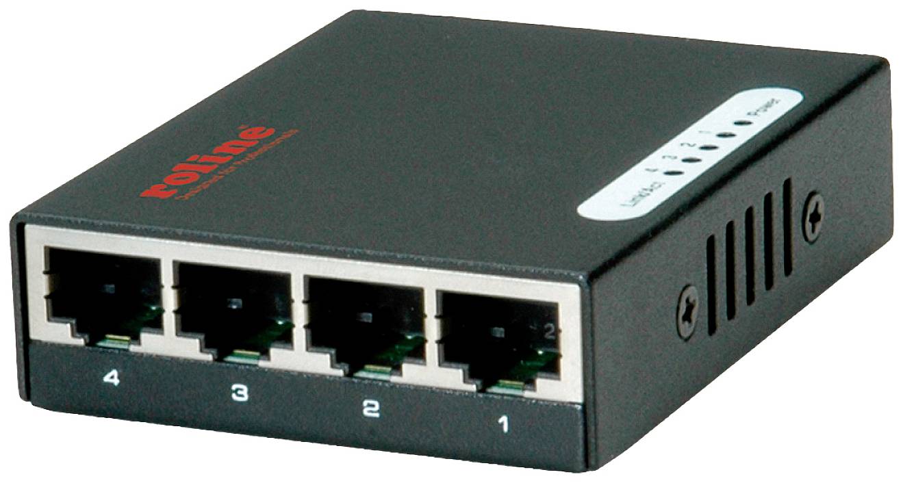 Čierna sieťová prepínacia jednotka so štyrmi ethernetovými portami, očíslovanými od 1 do 4. Hore je viditeľná červená značka 'roline'.