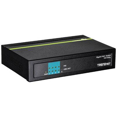 Čierny gigabitový PoE switch od TRENDnetu so zeleným pruhom na hornej strane, s piatimi ethernetovými portami a LED indikátormi pripojenia a aktivity.