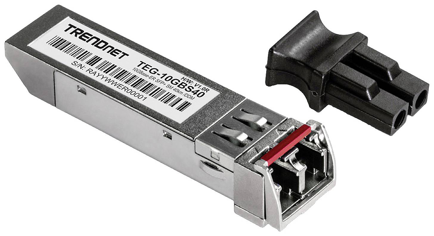 SFP+ modul (TEG-10GBS40) od spoločnosti TRENDnet pre optické vlákno, zobrazený s kompatibilným konektorom.