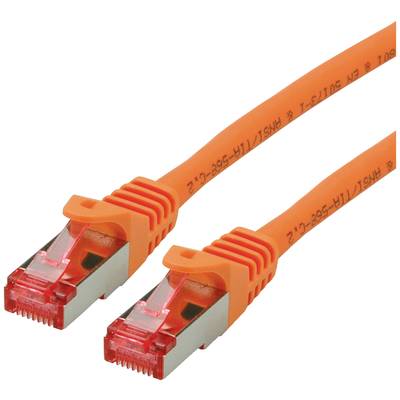 Oranžový sieťový kábel s dvomi RJ45 konektormi. Konektory sú kovové a kábel má ochranný plášť.