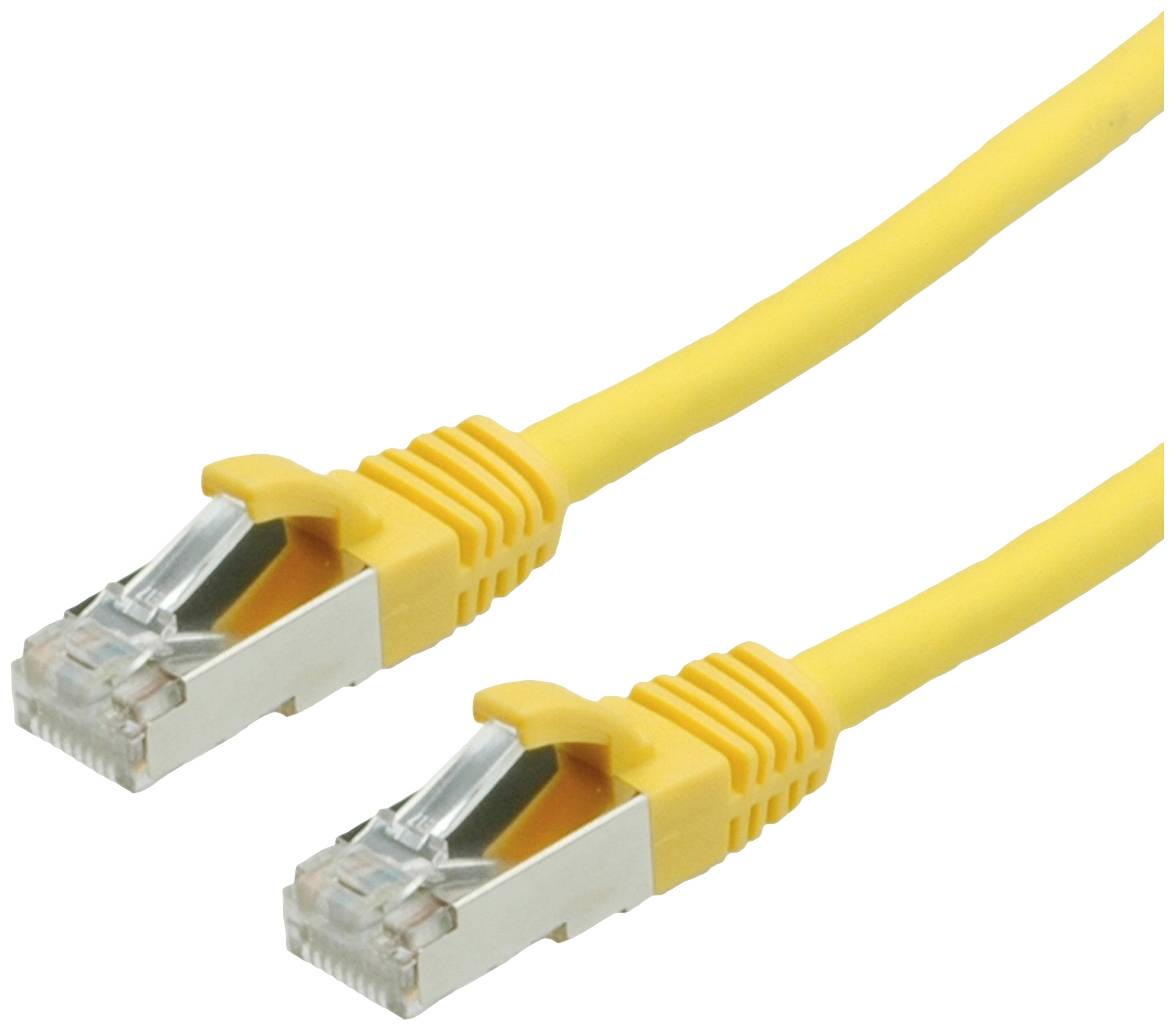 Žltý ethernetový kábel s dvoma RJ45 konektormi, vhodný pre sieťové pripojenia a internetové pripojenia.