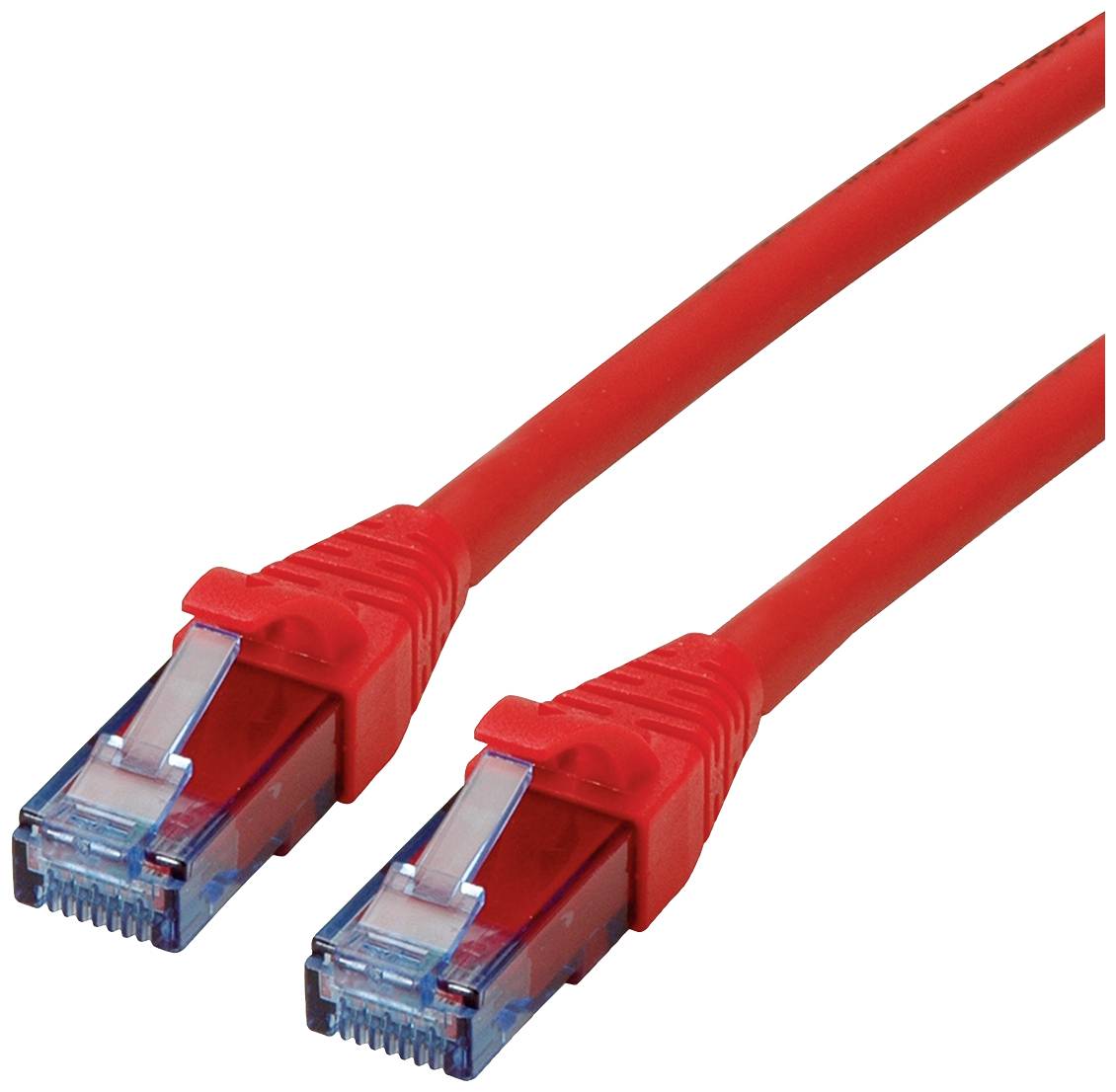 Červený ethernetový kábel s konektormi RJ45 na oboch stranách, vhodný pre sieťové pripojenia.