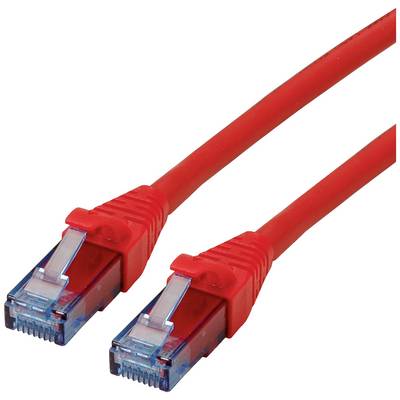 Červený ethernetový kábel s konektormi RJ45 na oboch stranách, vhodný pre sieťové pripojenia.