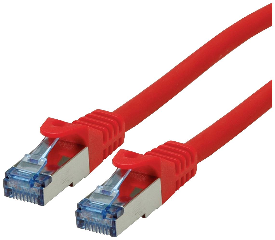 Dva červené ethernetové káble s modrými konektormi.