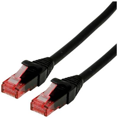 Dva čierne sieťové káble s červenými konektormi, ktoré sa často používajú na pripojenie počítačov do siete alebo internetu.