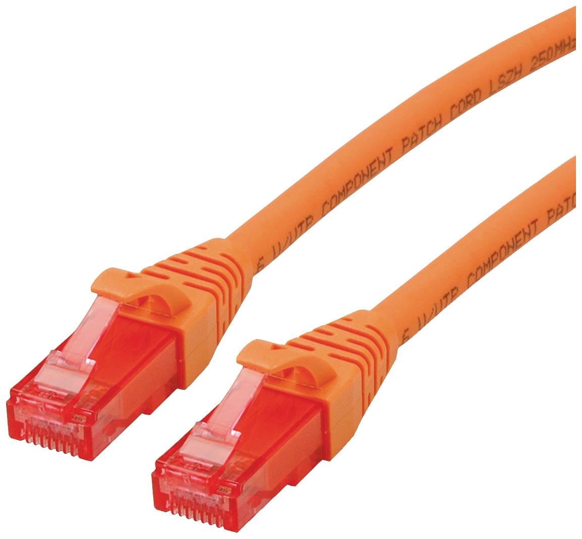 Oranžový ethernetový kábel s konektormi RJ45 na oboch koncoch, používaný pre káblové sieťové pripojenia.