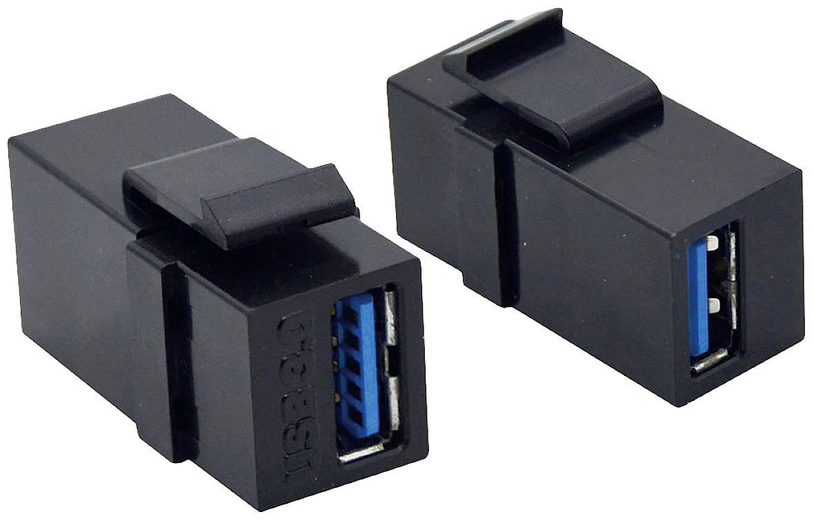 Dva čierne USB 3.0 keystone moduly s modrými internými konektormi, vhodné na inštaláciu do káblových rozvodiek alebo dosiek.