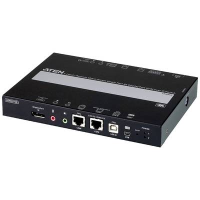 Čierny KVM prepínač cez IP s portmi a tlačidlami na prednej strane vrátane DisplayPort, USB a audio konektorov.