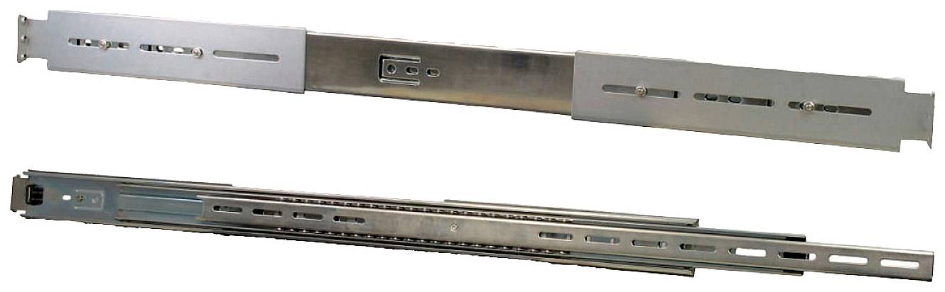 Dve kovové koľajnice, umiestnené jedna nad druhou, pravdepodobne určené na použitie v výsuvoch zásuviek alebo podobných mechanizmoch.