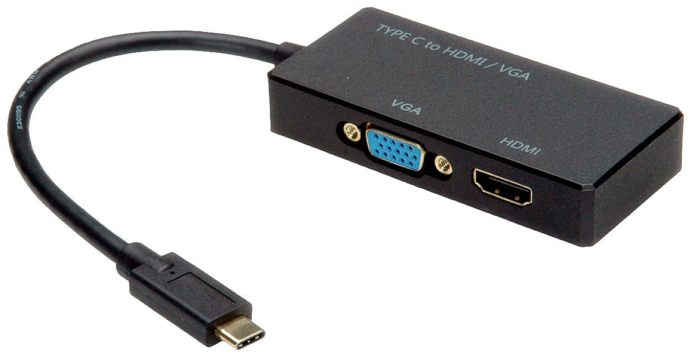 Adaptér z USB-C na HDMI/VGA. Čierny adaptér s portami pre VGA a HDMI, prepojený USB-C káblom.