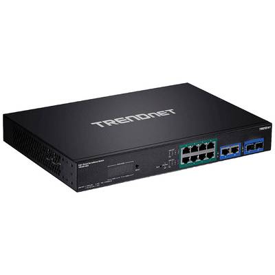 Čierny sieťový switch s viacerými ethernetovými portami. Názov 'TRENDnet' je viditeľný na hornej strane zariadenia.