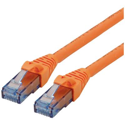 Dva oranžové konce ethernetového kábla s priehľadnými konektormi.