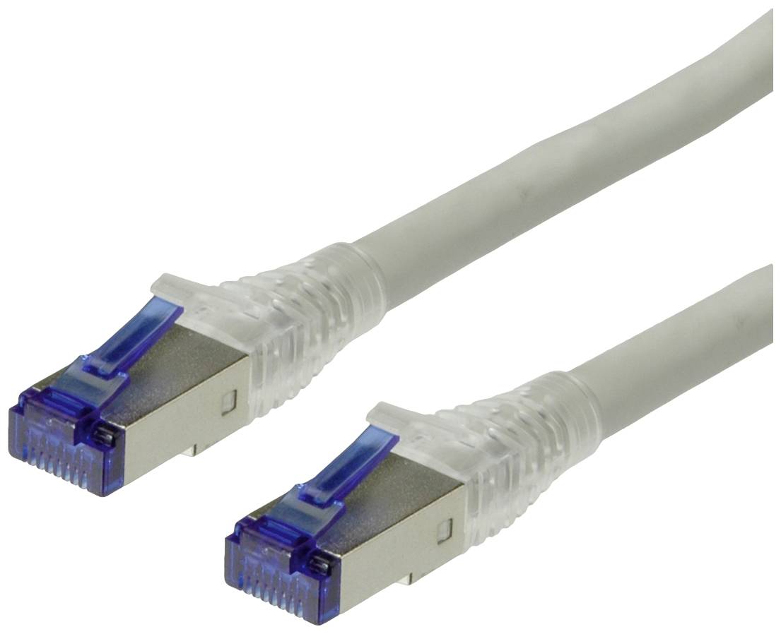 Dva ethernetové sieťové káble s modrými konektormi a priehľadnými ochrannými krytkami.
