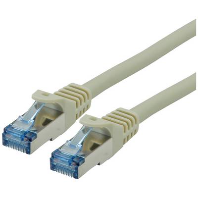 Béžový ethernetový kábel s dvoma modrými RJ-45 konektormi na oboch koncoch, používaný na sieťové pripojenie.