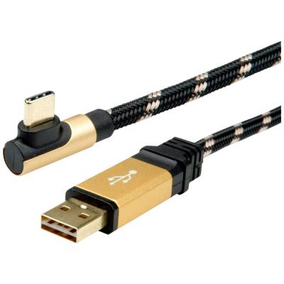 USB kábel so zlatými koncovkami, s USB-A a USB-C konektormi. Kábel je opletený a má čierno-zlatý vzhľad.