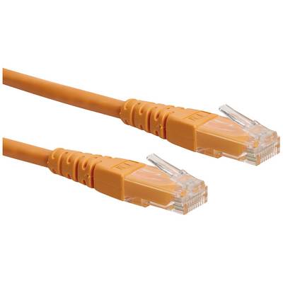 Oranžový ethernetový kábel s dvoma RJ45 konektormi, typický pre sieťové pripojenia.