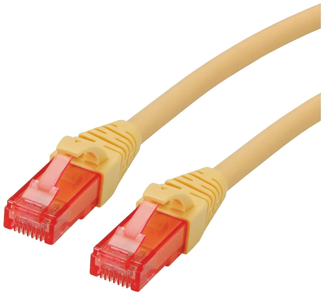 Žltý ethernetový kábel s červenými konektormi na oboch koncoch.