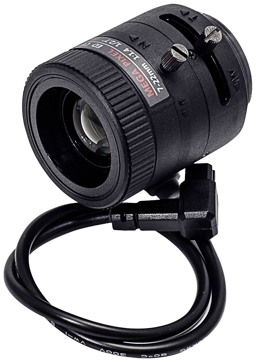 Čierna kamerová šošovka s káblom, zobrazuje stupnicu pre nastavenie zaostrenia a dve nastavovacie skrutky. 2,8mm - 12mm Mega Pixel objektív.