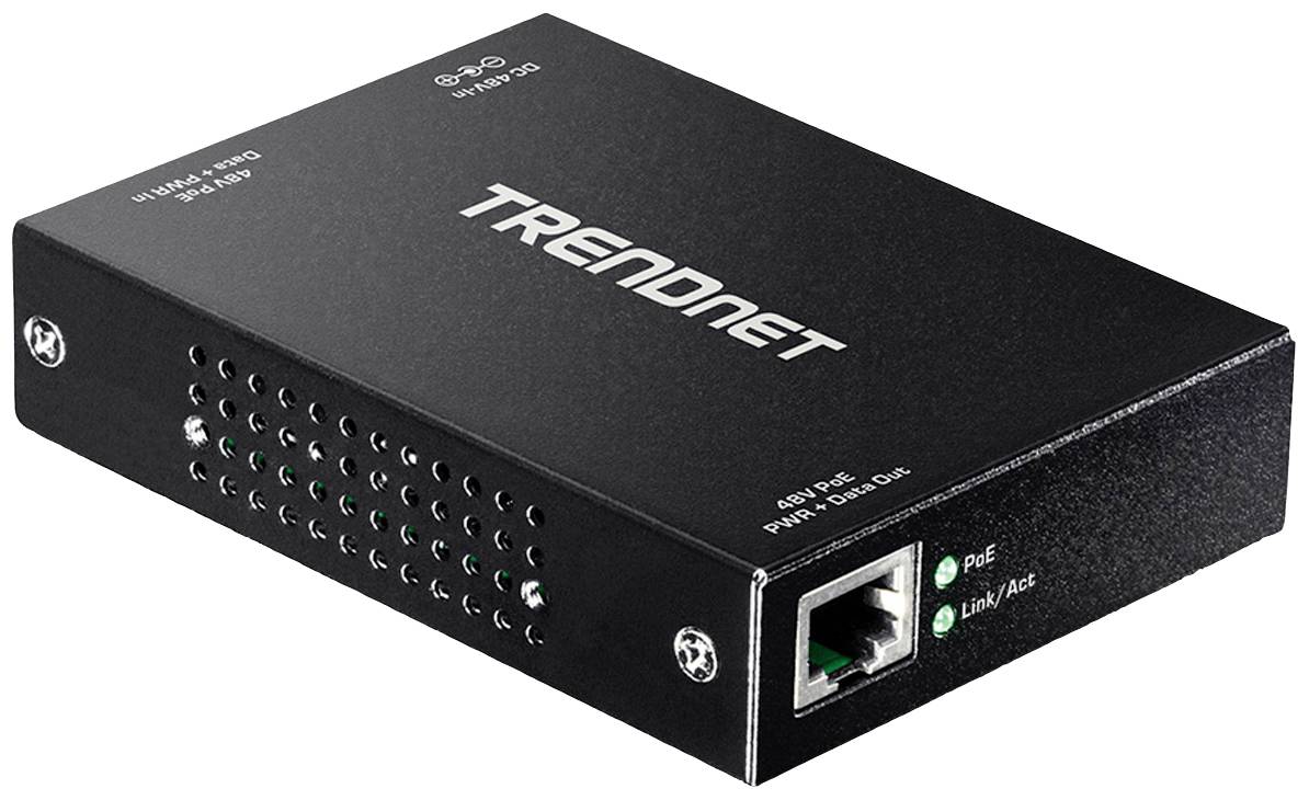 Čierny TRENDnet PoE adaptér s LED indikátormi a ethernetovým portom. Firemné logo v hornej časti. Používaný pre sieťové pripojenia.