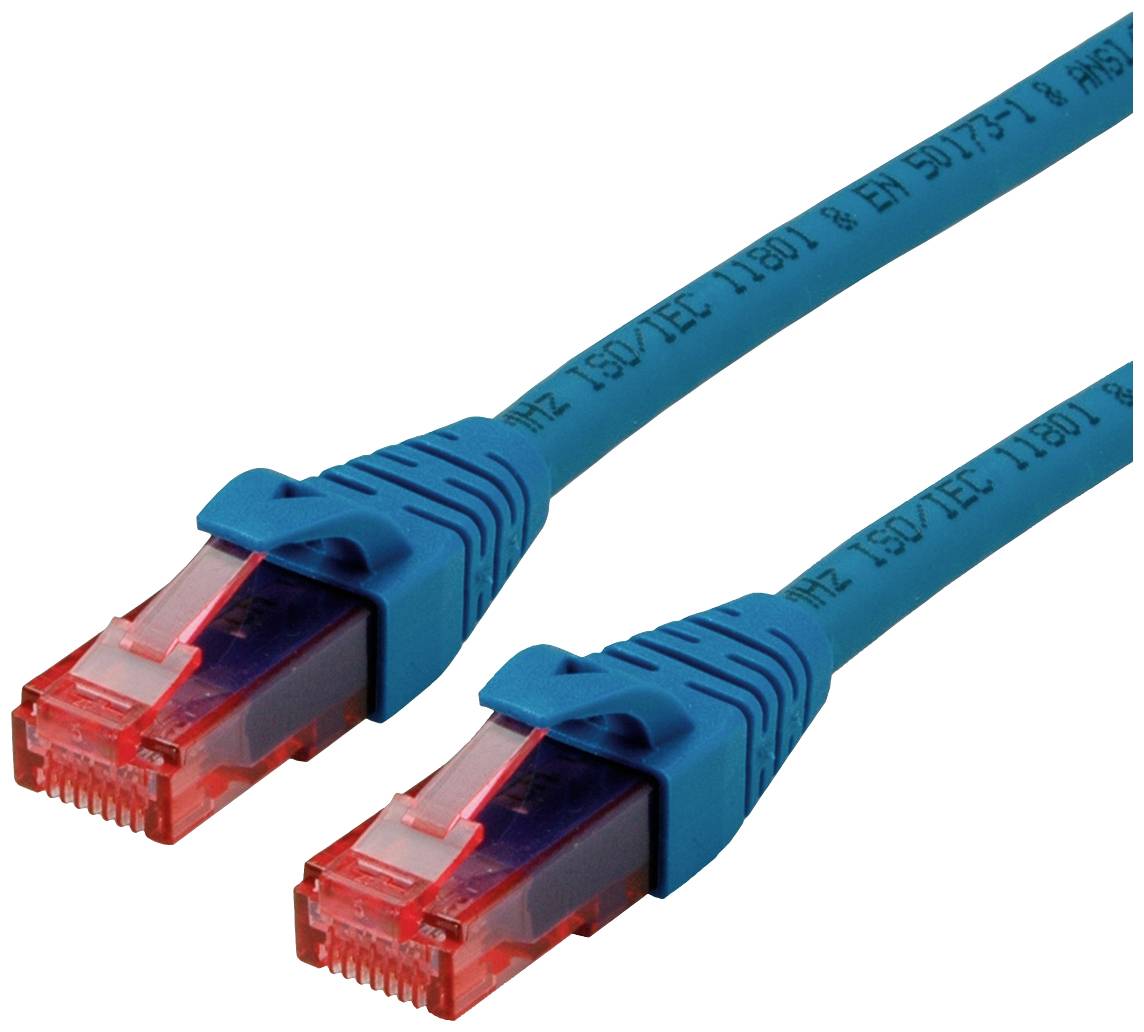 Dva modré ethernetové káble s červenými konektormi vedľa seba, používané na sieťové pripojenie.