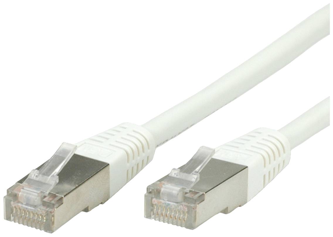 Dva biele ethernetové káble s kovovými konektormi a západkami na zamykanie, ktoré slúžia na sieťové pripojenie.
