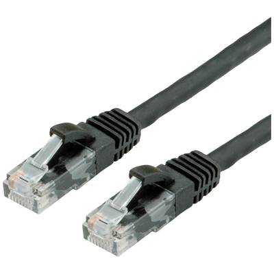 Čierne sieťové káblové prepojenie s dvoma priehľadnými RJ45 konektormi na oboch koncoch.