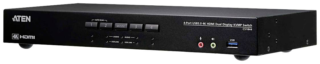 Čierny HDMI KVM prepínač od ATEN s viacerými tlačidlami na prednej strane. Umožňuje prepínanie medzi rôznymi vstupnými zariadeniami.