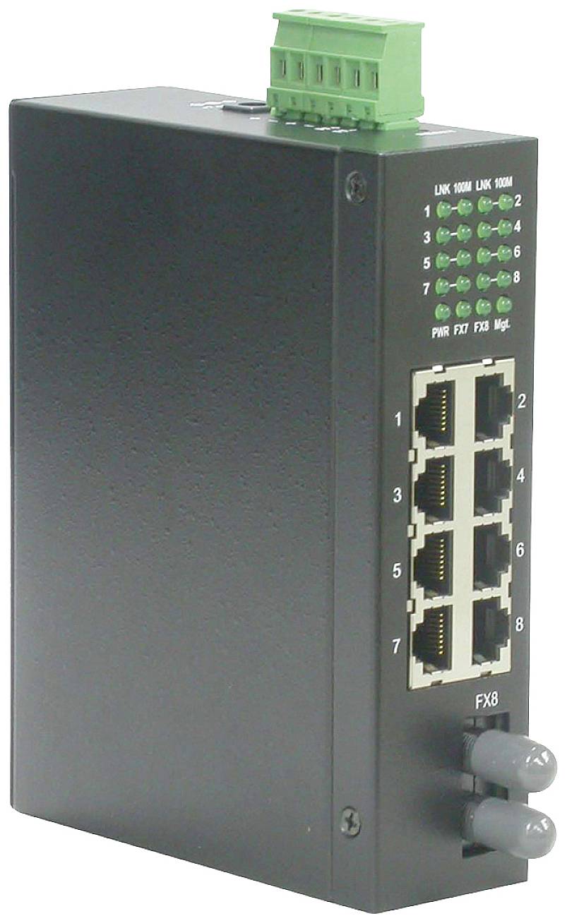Čierny ethernetový switch s ôsmimi RJ45 portami a zelenými stavovými LED diódami na hornej strane, vhodný pre priemyselné použitie.