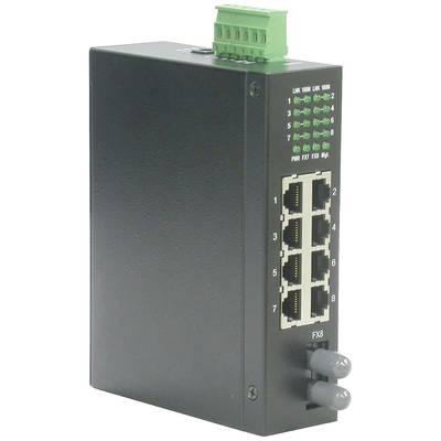 Čierny ethernetový switch s ôsmimi RJ45 portami a zelenými stavovými LED diódami na hornej strane, vhodný pre priemyselné použitie.