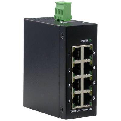 Čierny sieťový switch s ôsmimi ethernetovými portami, očíslovanými od 1 do 8, a zelenou pripojovacou svorkou na vrchu.