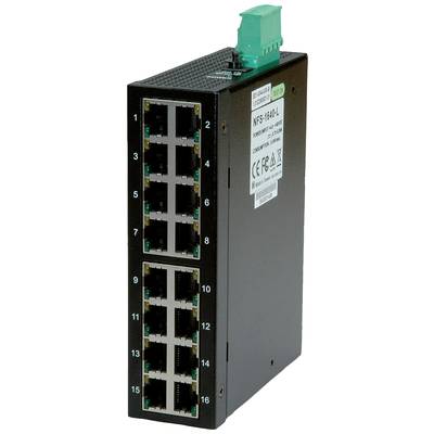 Sieťový prepínač so 16 ethernetovými portami, zobrazený v obdĺžnikovom čiernom kryte s očíslovanými konektormi.