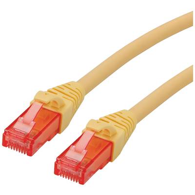 Žltý ethernetový kábel s červenými konektormi, typ RJ45, pre sieťové pripojenia.