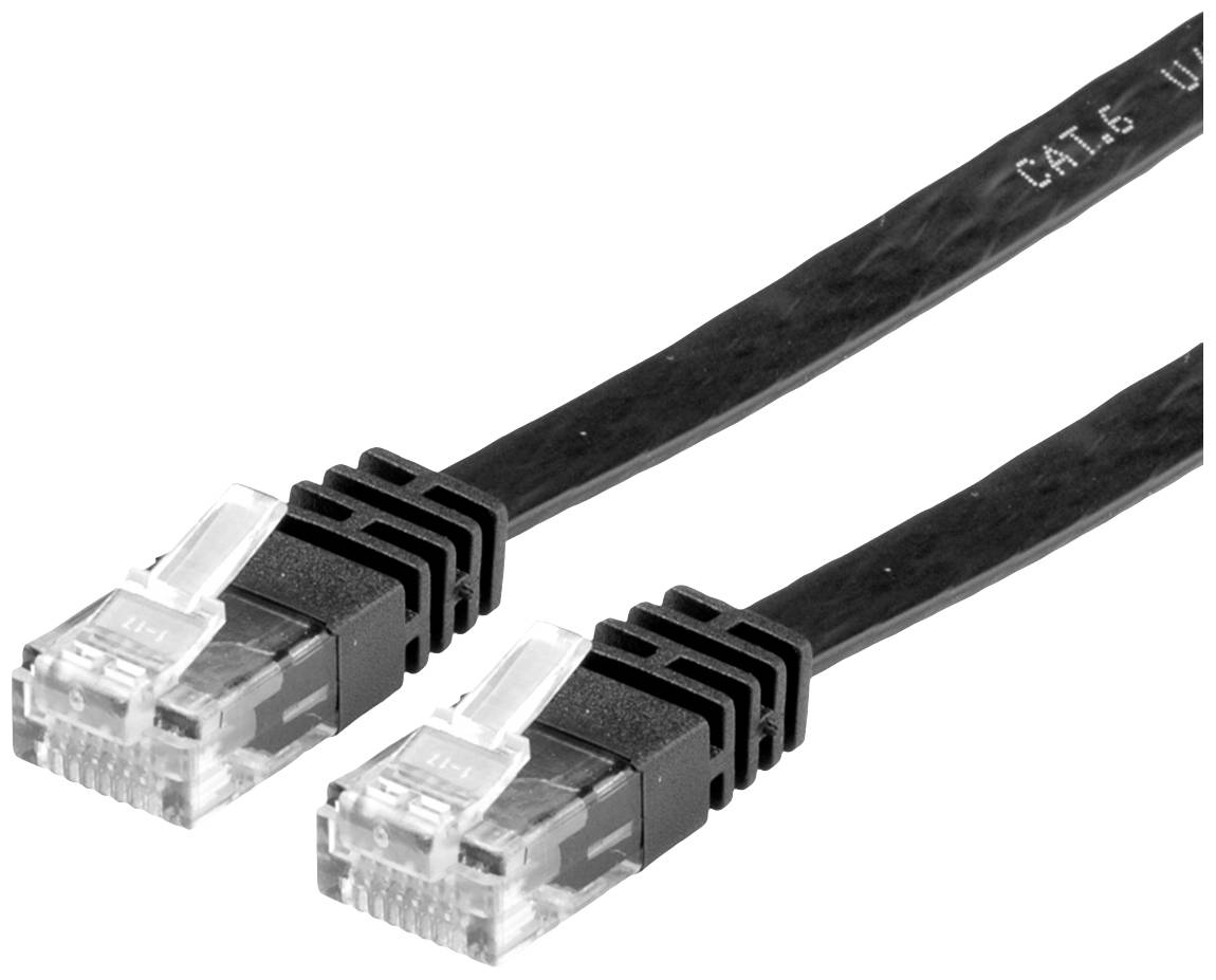 Čiernय Ethernetový kábel kategórie 6 s dvoma RJ45 konektormi na oboch koncoch, vhodný pre rýchle sieťové pripojenia.