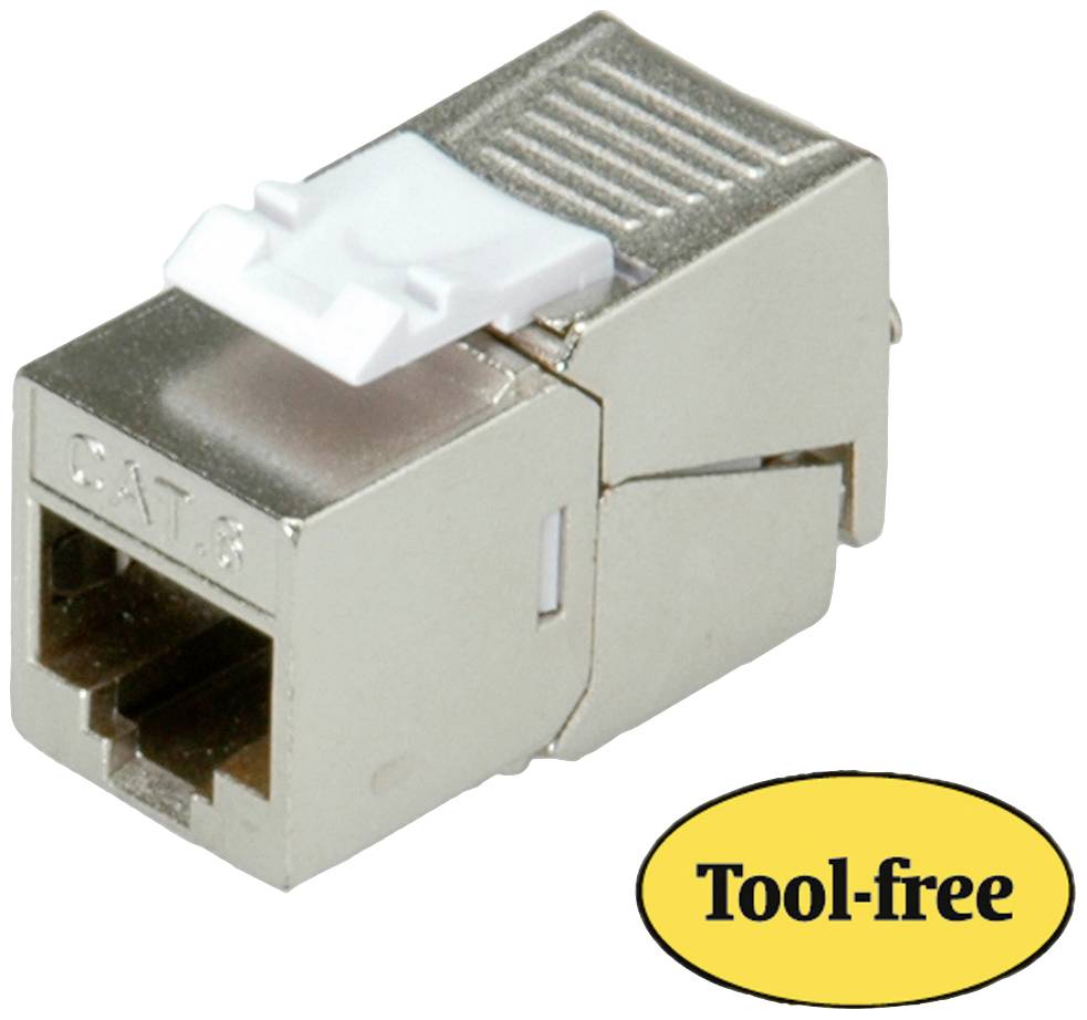 Kovový RJ45 konektor pre CAT6 kábel s inštaláciou bez použitia náradia.