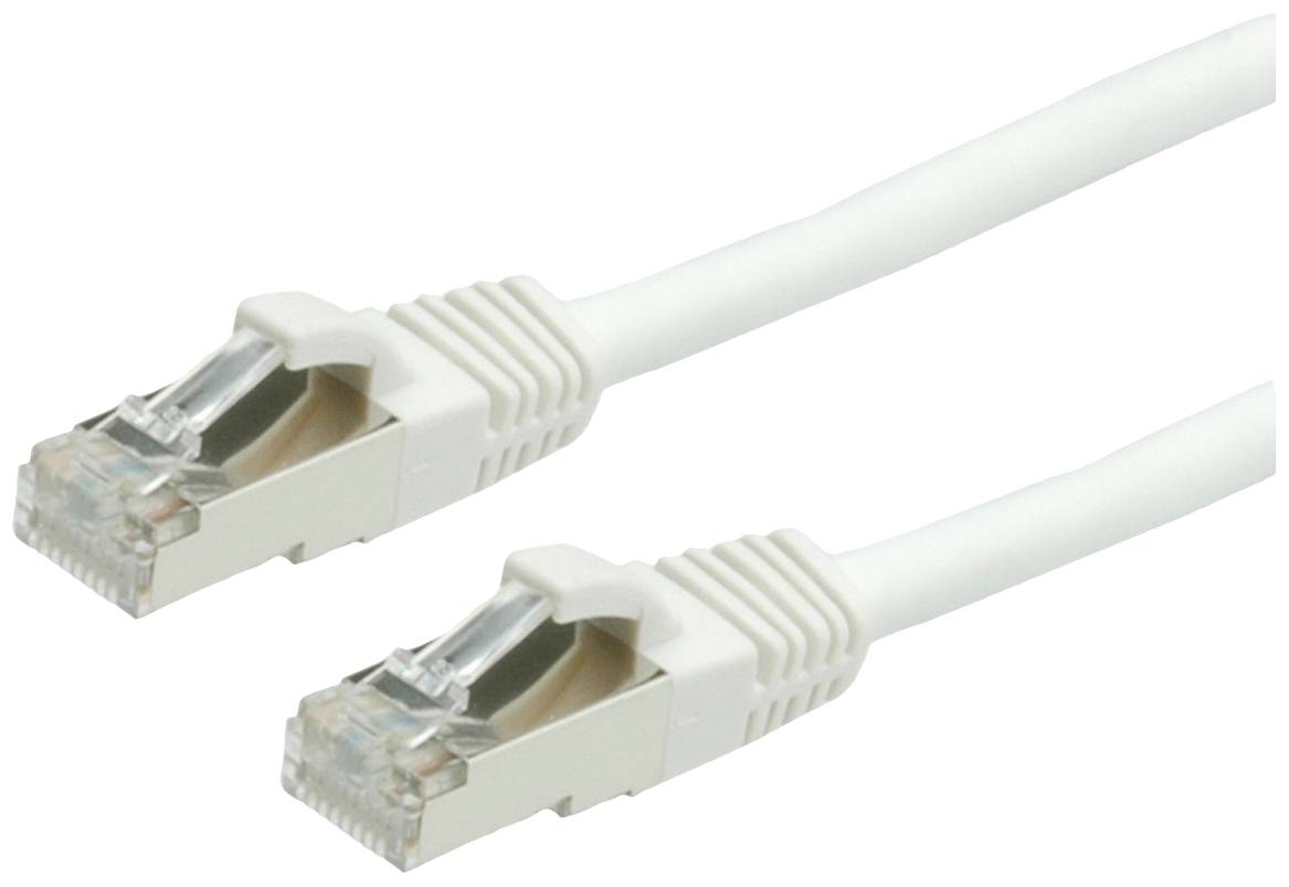 Dva biele ethernetové káble s konektormi RJ45, vhodné pre sieťové pripojenia.