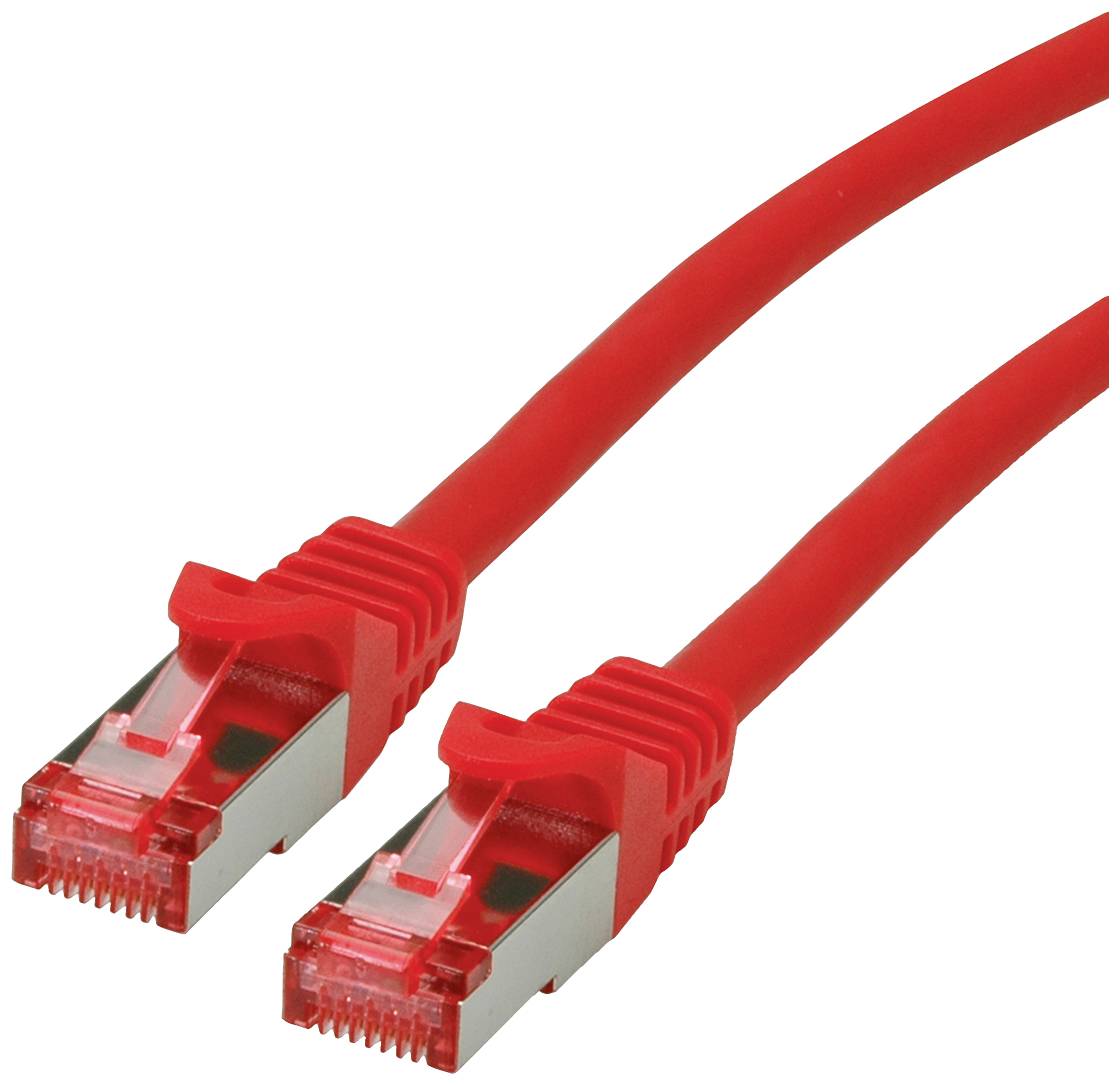 Dva červené ethernetové káble s RJ45 konektormi.