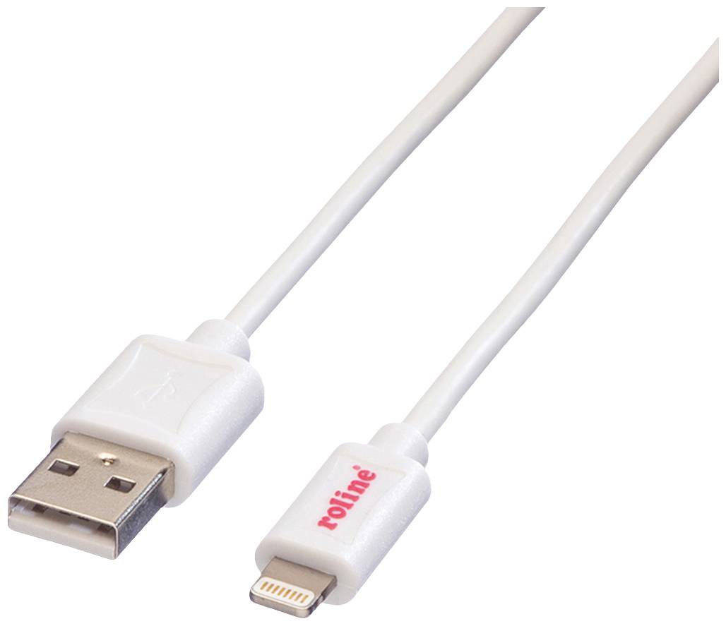 Biely USB kábel s USB-A konektorom na ľavej strane a Lightning konektorom na pravej strane.