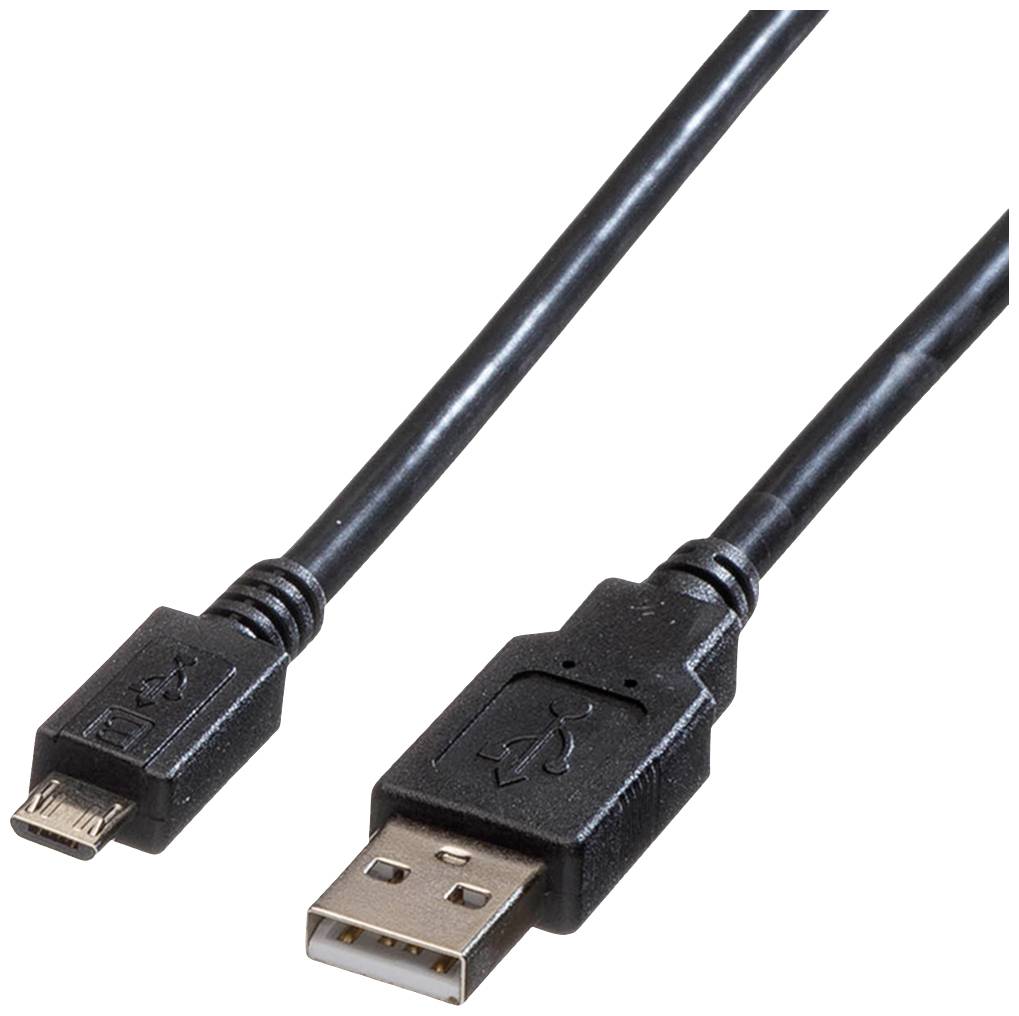 USB kábel so štandardným USB konektorom a mikro USB konektorom, často používaný na prenos dát alebo nabíjanie zariadení.
