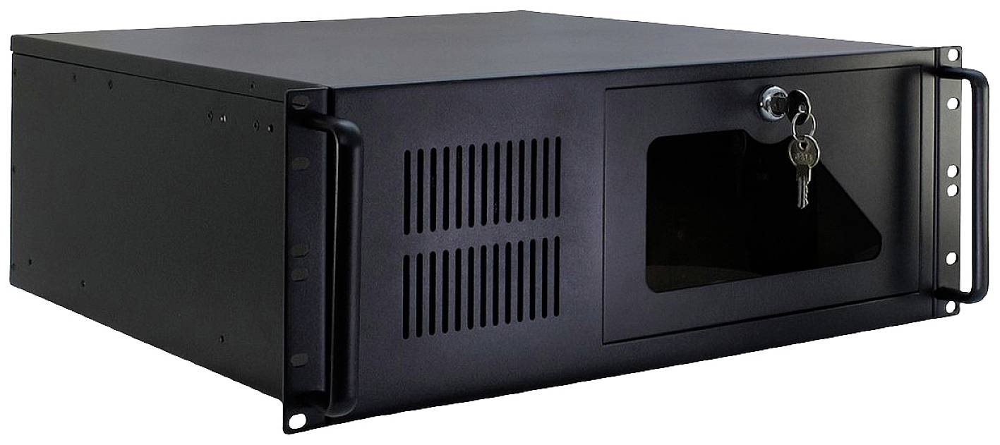 Čierna rackmountová skriňa s dverami a zámkom; kľúč je zasunutý. Vhodná pre inštaláciu do serverových alebo sieťových rozvádzačov.