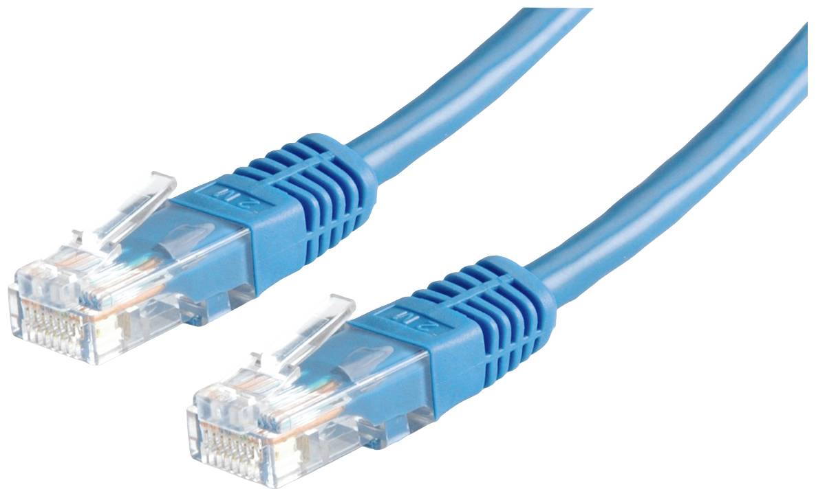 Modrý ethernetový kábel s dvoma RJ-45 konektormi na oboch koncoch určený na prenos dát v sieťach.
