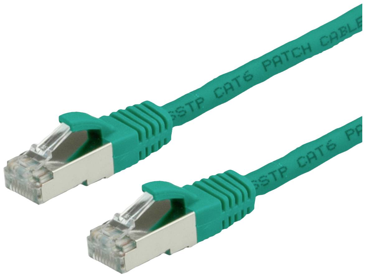 Dva zelené sieťové káble Cat6 s priehľadnými konektormi ležia vedľa seba, označené nápisom 'STP CAT6 PATCH CABLE'.