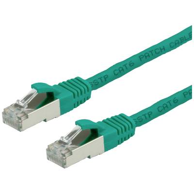Dva zelené sieťové káble Cat6 s priehľadnými konektormi ležia vedľa seba, označené nápisom 'STP CAT6 PATCH CABLE'.