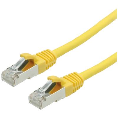Žltý ethernetový kábel s dvoma RJ45 konektormi, vhodný pre sieťové pripojenia a prenos dát.