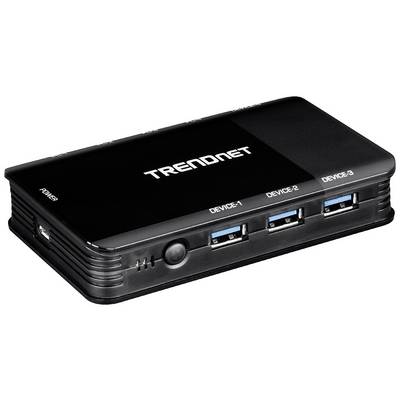 Externý USB hub so štyrmi USB portami, označenými ako 'DEVICE-1' až 'DEVICE-3', s vypínačom na čiernom kryte.
