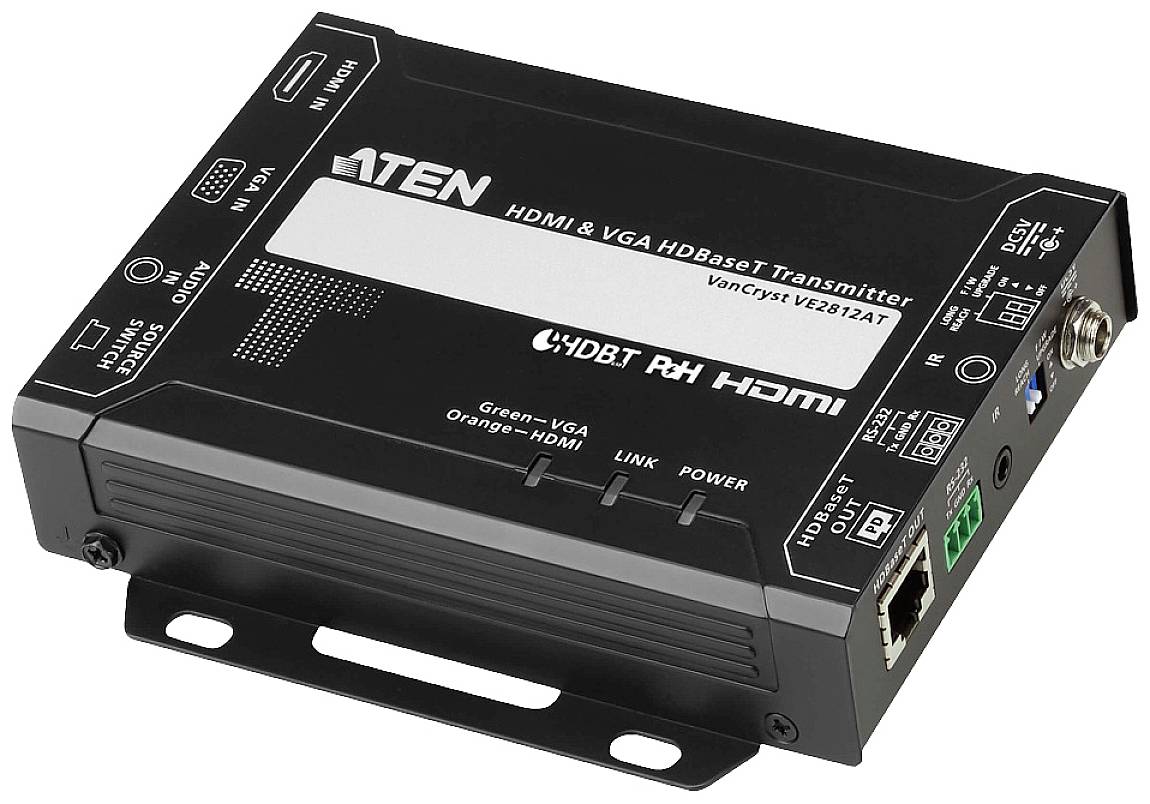 HDMI a VGA HDBaseT vysielač so viacerými konektormi a indikátormi ovládania na povrchu. Viditeľný názov značky.