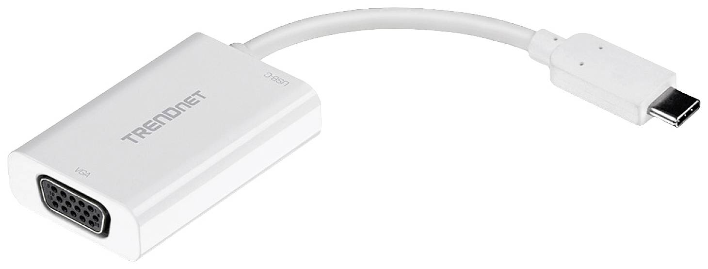 Biely USB-C na VGA adaptér od spoločnosti TRENDnet, zobrazený s krátkym káblom a oboma konektormi v zábere.