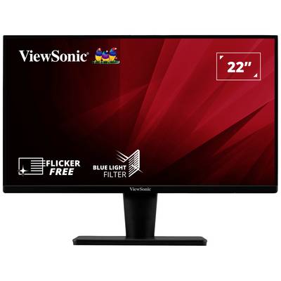 22-palcový monitor značky ViewSonic s technológiami 'Flicker Free' a 'Blue Light Filter' na červenom pozadí.