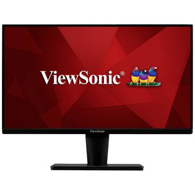 Počítačový monitor ViewSonic zobrazuje logo a symbol s tromi farebnými vtákmi na červenom pozadí.