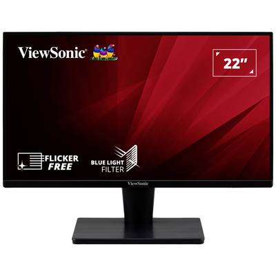 22-palcový monitor od ViewSonic s funkciami ako 'Flicker Free' a 'Blue Light Filter' na červenom pozadí.