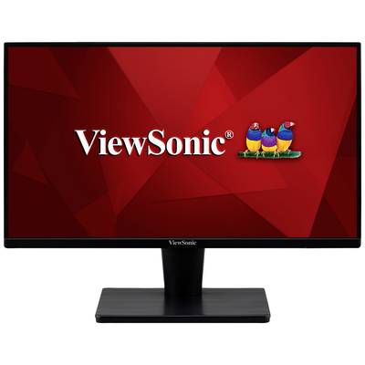Monitor značky ViewSonic s červeným pozadím a pestrofarebným logom vtáka.